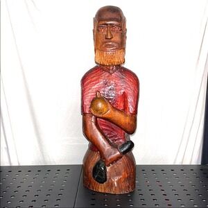 Vintage African Hand Carved Wood‎ Sculpture Bearded Man Folk Art Statue Unique